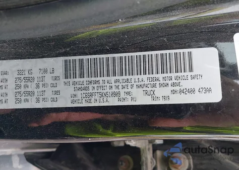 2019 Ram 1500 Big Horn/Lone Star 4X4 5'7 Box из США, поврежденный, VIN 1C6SRFFT5KN510909